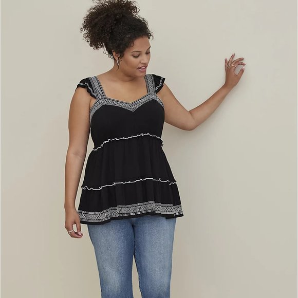 NEW TORRID Babydoll Peplum Crinkle Tiered Top Black Blush Plus Size 5X - Picture 3 of 6